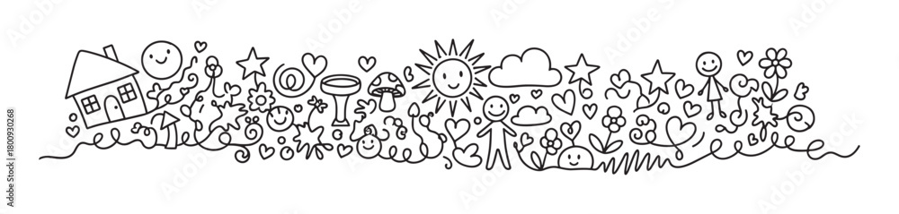 Obraz premium A cheerful hand-drawn banner of naive doodles showing a happy community with a house, sun, people, hearts, and flowers, created in a simple black and white line art style