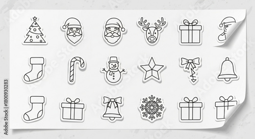 Christmas doodle vector set with tree santa reindeer gift stocking and more holiday elements isolated sticker