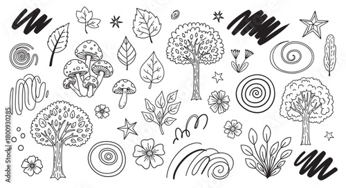 A large collection of hand-drawn nature doodles featuring trees, mushrooms, leaves, and flowers, combined with abstract shapes like spirals and scribbles in a minimalist line art style