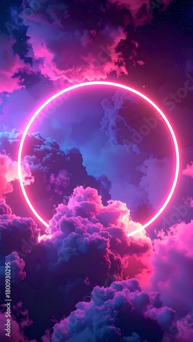 Fototapeta Naklejka Na Ścianę i Meble -  A vibrant, neon-lit circle floats amidst a surreal landscape of glowing, textured clouds in shades of pink, purple, and blue