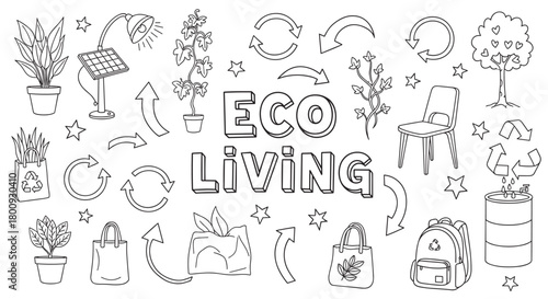 A hand-drawn doodle set with Eco Living text, featuring icons of recycling, solar energy, plants, and reusable bags for a sustainable lifestyle concept on a white background