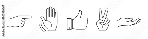 A set of various hand gestures including pointing, stop, thumbs up, peace, and holding, illustrated in a clean, minimalist black outline style and isolated on a white background