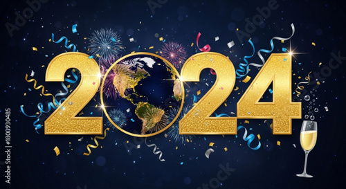 Happy new year 2024 celebration with golden numbers earth fireworks and champagne for festive season event