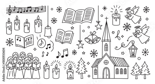 A charming set of hand-drawn Christmas and religious illustrations, including a chapel, carol singers, angels, bells, and snowflakes, created in a minimalist line art doodle style