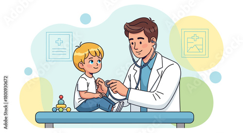 Pediatrician Examining Boy With Stethoscope In A Brightly Colored Medical Illustration