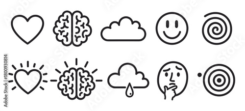 Minimalist black outline icons illustrating a range of psychological states and emotions, from love and happiness to sadness, confusion, and clarity, presented as a conceptual set