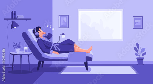 Person Relaxing On Lounger Enjoying Music, Tranquil Scene Depicting Leisure And Calmness