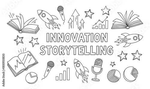 Innovation storytelling concept with hand-drawn doodle icons like rockets, books, charts, and microphones illustrating business growth, startup ideas, and creative communication