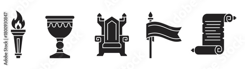 A collection of five black silhouette icons depicting a flaming torch, an ornate chalice, a regal throne, a waving flag, and an ancient scroll, isolated on a clean white background