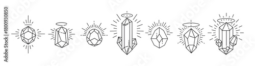 Mystical crystal and mineral line art icons with shining light effects, a collection of geometric gemstone symbols for spiritual or magical branding isolated on white
