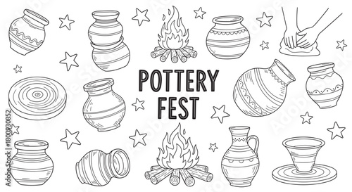 A black and white doodle set of pottery elements including clay pots, a potter's wheel, hands sculpting, and campfires, with central lettering for a craft festival concept