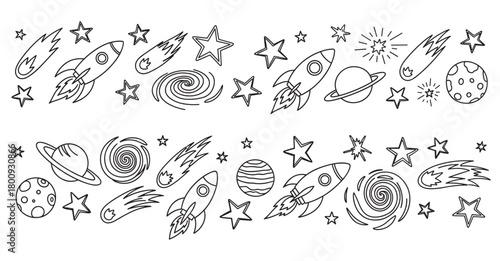 A collection of hand-drawn space-themed doodles including rockets, planets, stars, and galaxies, presented as a black and white line art set isolated on a white background