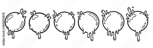 A horizontal row of six black and white cartoon-style circular frames featuring dynamic liquid splashes and dripping elements, isolated on a clean white background