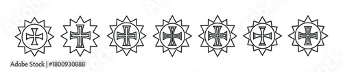 A set of seven identical heraldic cross symbols with flared ends, each enclosed in a sunburst frame, presented in a minimalist black line art style on a white background