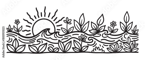A simple black and white line drawing of a stylized nature scene with a sun setting over waves, surrounded by flowers and leaves, isolated on a white background