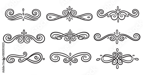 A set of nine elegant hand-drawn calligraphic dividers with swirls and flourishes, perfect for vintage-style graphic design and page decoration, isolated on a white background