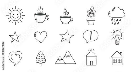 A collection of hand-drawn doodle icons in a simple black line art style, featuring a sun, heart, house, coffee, and nature symbols isolated on a plain white background