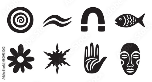 A diverse set of eight minimalist black pictograms isolated on a white background, featuring abstract and natural symbols like a spiral, magnet, flower, fish, hand, and an ethnic mask