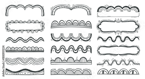 Creative collection of hand-drawn doodle elements, including various sketchy borders, decorative text dividers, and artistic frames isolated on a white background