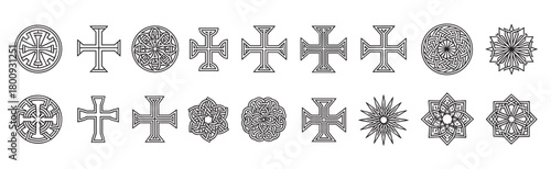 A large collection of historical and ornamental symbols, including various stylized crosses, Celtic knots, and geometric mandalas, presented as black line art icons on a white background
