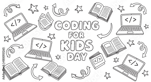 Coding for kids day educational banner with hand-drawn doodle style laptops, books, and stars on a white background, illustrating STEM learning and programming for children