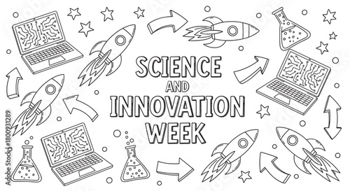 A black and white line art illustration for a science and innovation event, featuring hand-drawn rockets, computers, and laboratory equipment in a fun, educational pattern