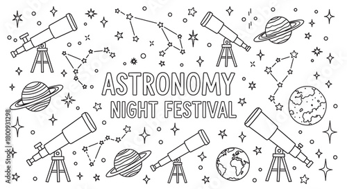 A black and white line art banner for an astronomy night festival, featuring doodle-style telescopes, planets, stars, and constellations on a white background