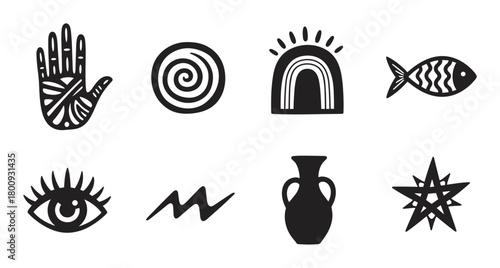 Set of minimalist black icons with spiritual and mystical themes, featuring a patterned hand, spiral, eye, fish, and other abstract symbols in a hand-drawn style on a white background