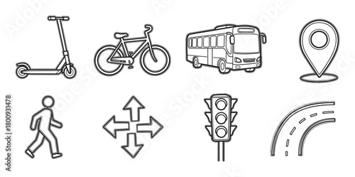 A collection of black and white outline icons depicting various modes of urban transportation, navigation symbols, and road elements, presented on a clean white background