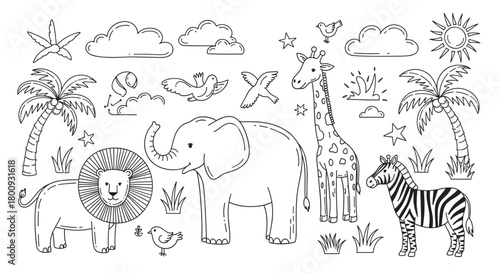 A charming collection of hand-drawn safari animals and nature elements, including a lion, elephant, giraffe, and zebra, in a cute black and white doodle style for kids