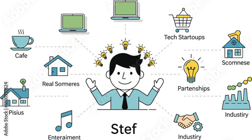 Stef business sector infographic, cartoon entrepreneur, diverse industries, innovation icons, partnerships, tech startups, cafe, ecommerce, creative business concept