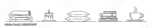 A minimalist set of black line art icons featuring a cozy blanket, candle, pillows, books, and a steaming cup, symbolizing comfort, relaxation, and a warm home atmosphere