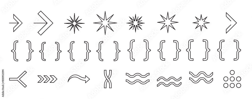 Naklejka premium A collection of minimalist black line art icons featuring arrows, stars, brackets, and other abstract symbols isolated on a clean white background for modern design projects