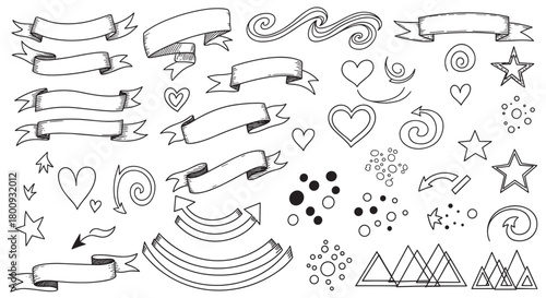 A large set of hand-drawn doodle elements including ribbons, banners, hearts, stars, and arrows, sketched in a black ink line art style and isolated on a white background for design