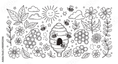 A charming collection of hand-drawn doodle illustrations featuring a cute beehive, buzzing bees, honeycombs, flowers, and a smiling sun in a whimsical line art style