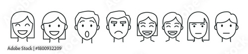 A set of minimalist black and white line art icons showing diverse human faces with various emotional expressions like happiness, sadness, anger, and surprise, isolated on a white background