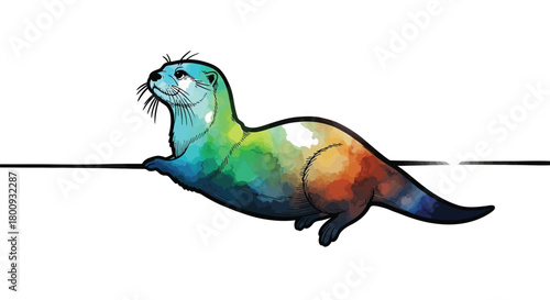 A colorful otter lying a line, showcasing its playful and graceful nature in a vibrant watercolor style