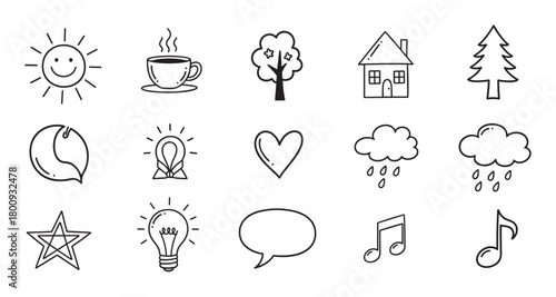 A charming collection of hand-drawn doodle icons in black line art on a white background, featuring a sun, house, heart, cloud, star, and other simple everyday symbols
