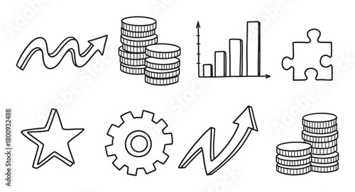 A collection of hand-drawn black outline icons representing business concepts like financial growth, problem-solving, success, and progress on a clean white background