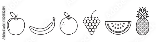 A set of minimalist fruit illustrations including an apple, banana, orange, grapes, watermelon, and pineapple, drawn in a simple black line art style on a white background