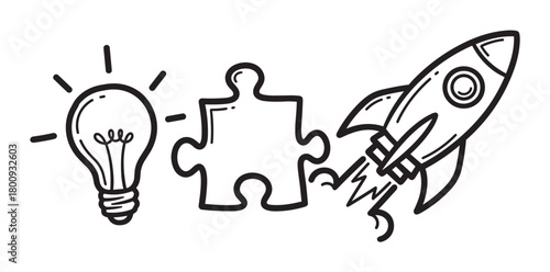 Hand-drawn doodle icons of a lightbulb, puzzle piece, and rocket ship illustrating the business process from idea and solution to startup launch and growth on a white background