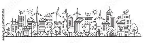 A hand-drawn doodle illustration of a sustainable city skyline with green energy sources like wind turbines and solar panels, promoting an eco-friendly urban environment