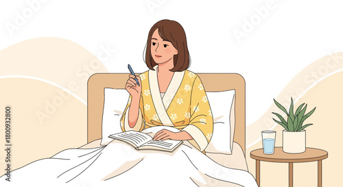 Woman Writing In Bed, Journaling And Relaxing, Morning Routine, Conceptual Illustration