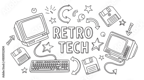 Nostalgic black and white line art illustration featuring vintage computer monitors, keyboards, and floppy disks with the text 'Retro Tech' in a fun doodle style