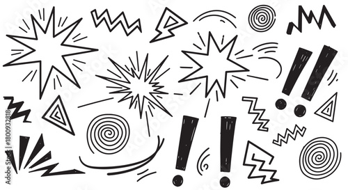 A collection of hand-drawn black and white doodle elements in a comic book style, featuring explosions, starbursts, zig-zags, and exclamation marks isolated on a plain background