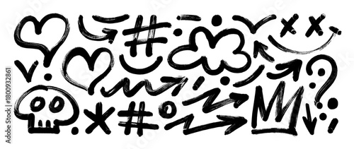 Graffiti bold brush drawn shape set. Hand drawn punk stickers, cloud and hashtag symbols. Grunge rock skull, heart and arrow shapes. Funky graphic figures for urban design posters, street art banner.