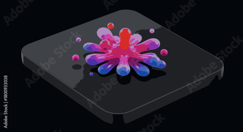 An energetic explosion of vivid magenta, blue, and red liquid paint splashes dramatically across a minimalist black digital device surface.