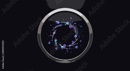 A futuristic smartwatch display showcases a mesmerizing, swirling vortex of glowing blue and purple particles, representing advanced technology and data flow concepts.