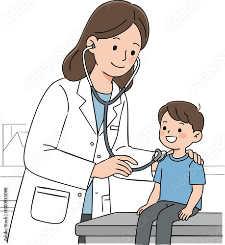 A female doctor using a stethoscope on a young boy sitting on an examination table in a medical setting with a white background and a friendly atmosphere.