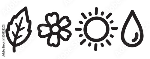 A set of four minimalist black line icons representing nature elements like a leaf, flower, sun, and water drop, isolated on a white background for environmental concepts